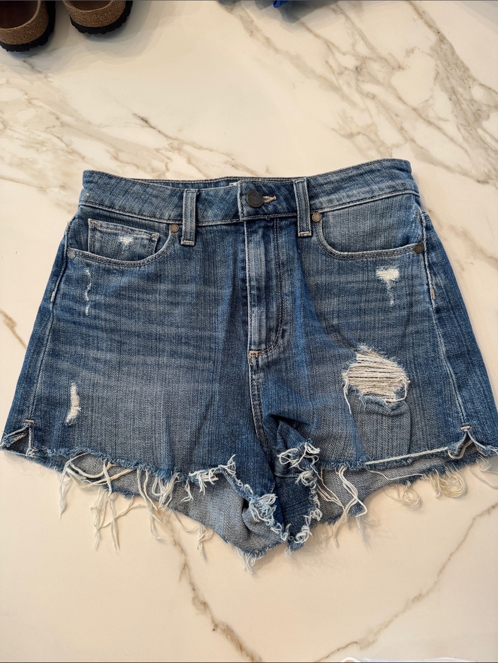 PAIGE Frayed Distressed Denim Shorts - Blue Wash